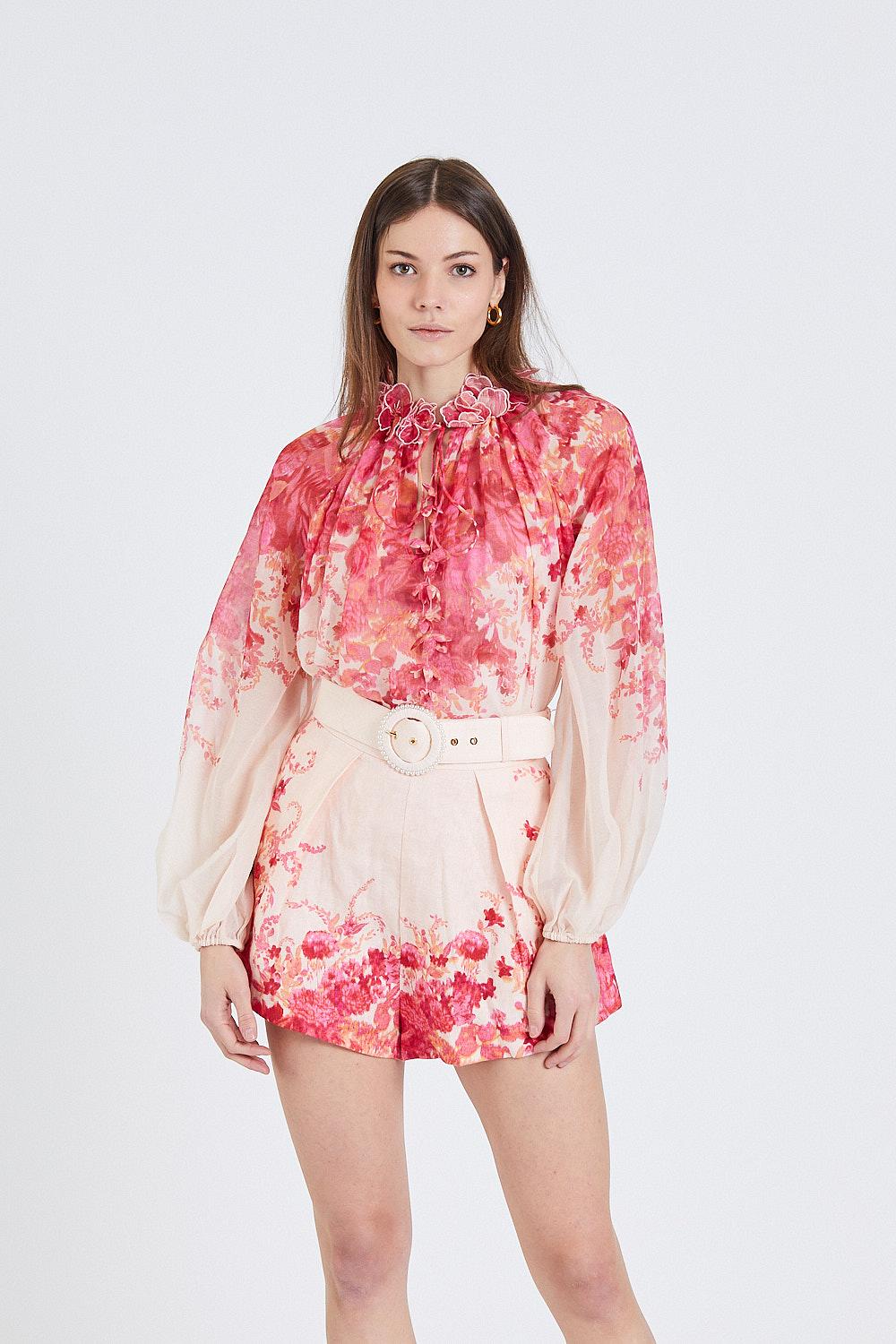 High Tide Billow Blouse Pink Ikat Floral | Retro